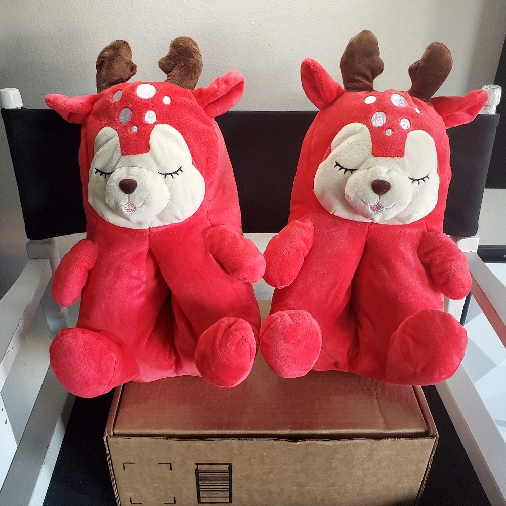 DEER SLIPPERS Women's Plush Indoor Shoes Winter Warm, Red, One Size Fits All
